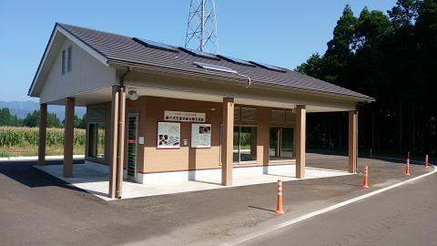 周りに木々や鉄塔が立ち板石積石棺墓の展示している、土台より屋根が大きい建物外観の写真
