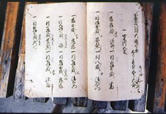 縦書きで文字が記され、所々切れている御検地竿次帳を開いた写真