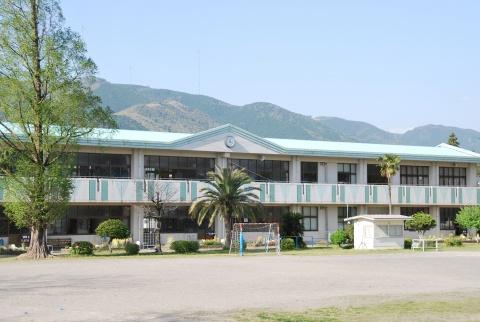 緑の山脈と水色の空を背景に、ヤシの木とそびえ立つ大きな木がある2階建ての校舎を、グラウンドを挟んで向かい側から撮影した写真