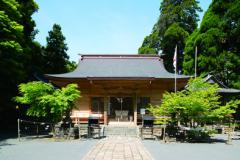 周囲を大きな木に囲まれている白鳥神社の社殿の写真