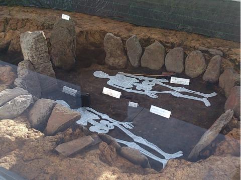 掘られた穴の周囲に石が立ててあり、中に2体の人間の形をした骨格を横に寝かせた状態の板石積石棺墓を斜め上から撮影した写真