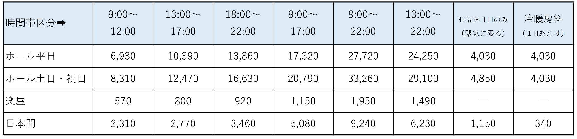 ホール棟料金表