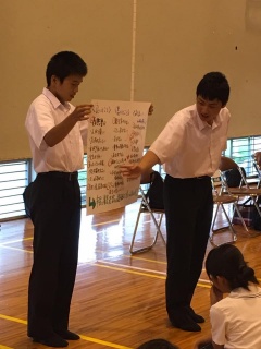 文字が書かれた模造紙を持っている男子学生と模造紙を指差している男子学生の写真