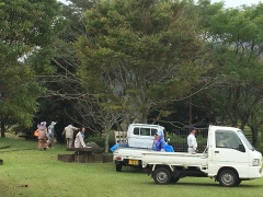 芝生に立っている大きな木の周りに集まっている数名の参加者や、2台の軽トラックの写真