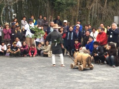 観客の前で、衣装を着た人が木牛を引いている写真