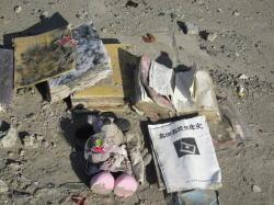 地面に落ちている泥だらけの人形や本や書類の写真