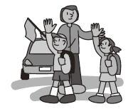 停車している車の前をランドセル姿の男女2名が手をあげて渡り、女性が誘導しているイラスト