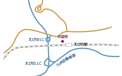 えびの市の市役所の位置を記した地図。